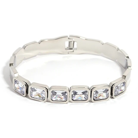 Waterproof Silver Bangle Bracelet*Cubic Zirconia Tennis Baguette Bracelet*JD - Picture 4 of 6
